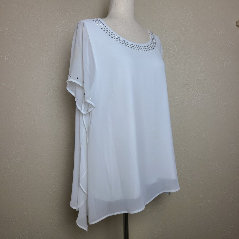 Alfani Women Short Sleeves Top Blouse White Beaded Size 1X A498 - Picture 2 of 10